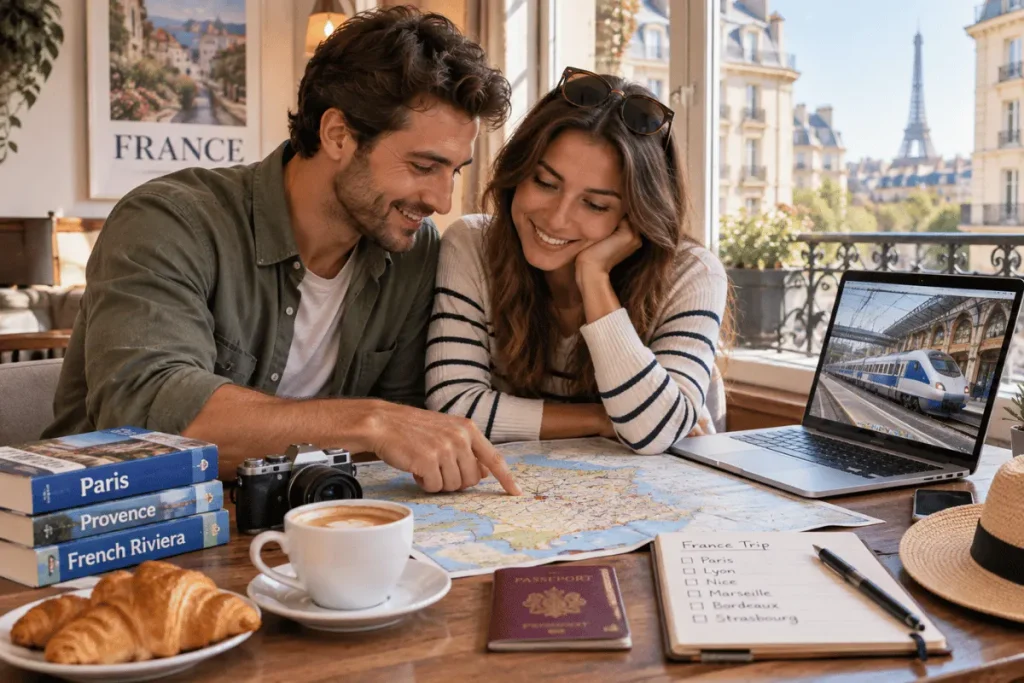 Couple Planning a France Trip  Map  Train]
