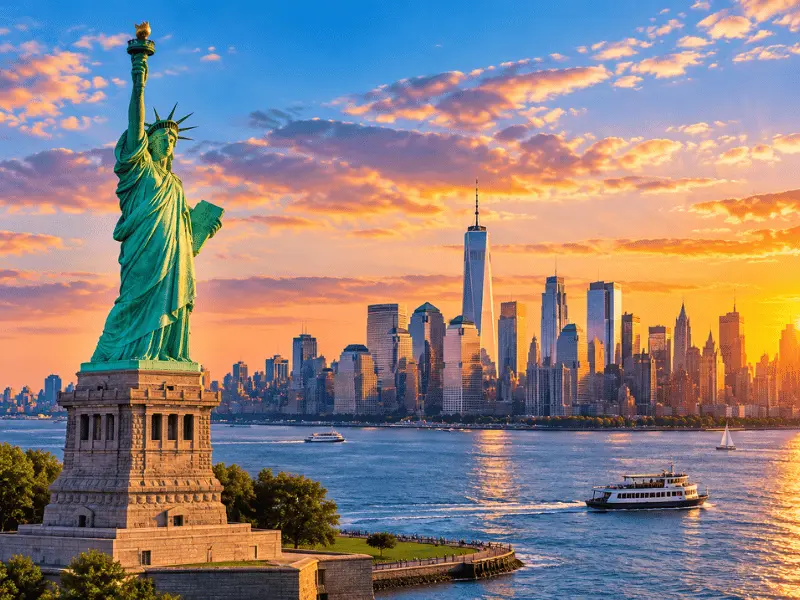Statue of Liberty and New York City skyline at sunset