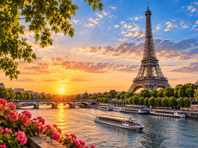 Eiffel Tower and Seine River in Paris at sunset
