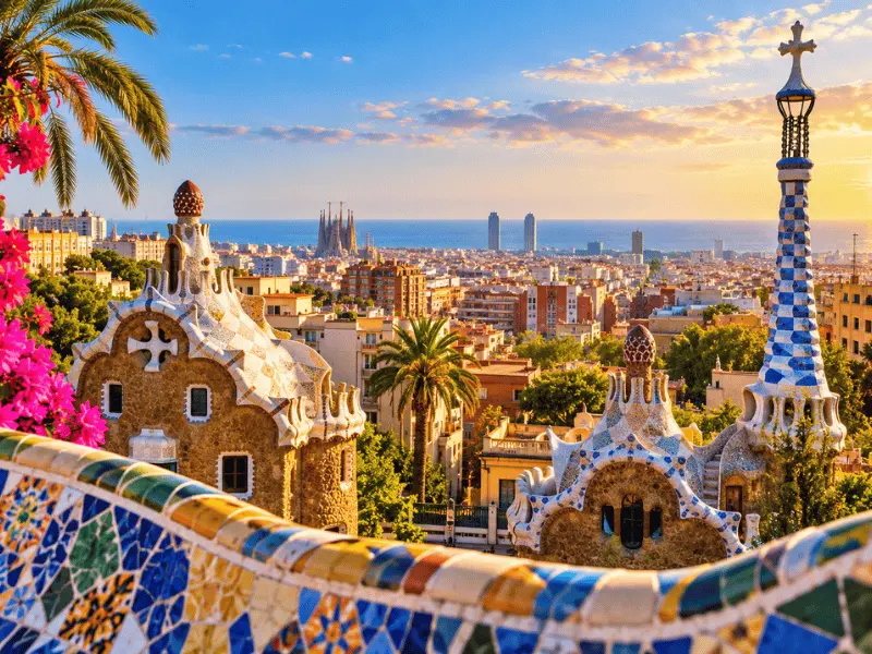 Barcelona skyline and Gaudi architecture at sunset