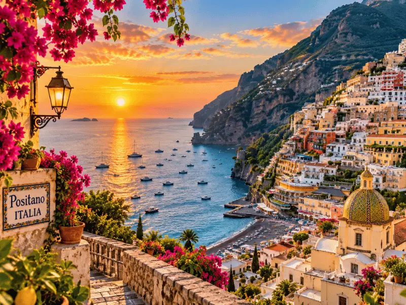 Positano village on the Amalfi Coast at sunset
