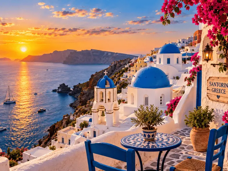 Santorini whitewashed villages and blue domes at sunset 🇬🇷