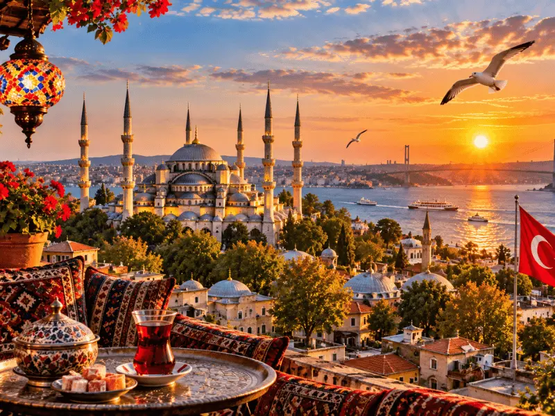 Istanbul skyline, Blue Mosque and Bosphorus at sunset 🇹🇷