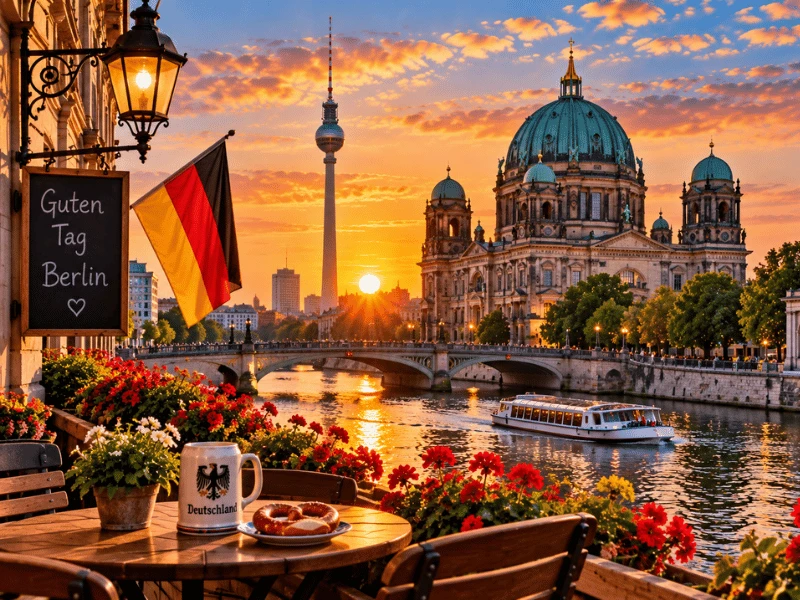 Berlin skyline with the Berliner Dom and Fernsehturm at sunset 🇩🇪