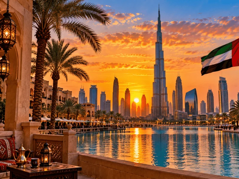 Dubai skyline with Burj Khalifa and UAE flag at sunset 🇦🇪