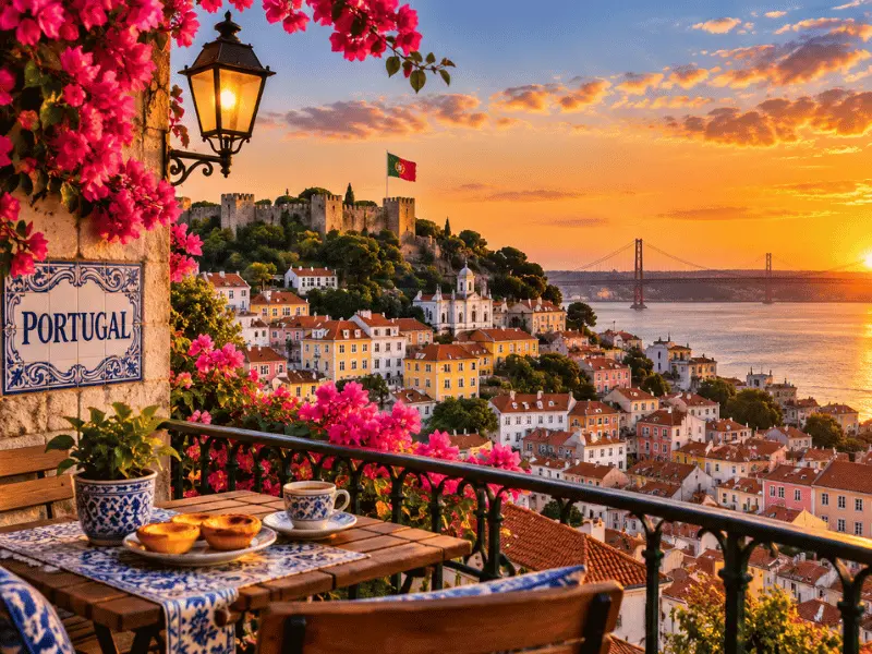 Lisbon skyline, Tagus River and São Jorge Castle at sunset 🇵🇹