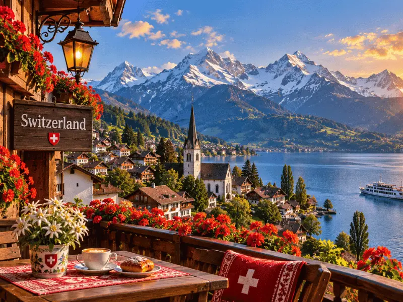 Swiss Alps, lakeside village and mountain scenery at sunset 🇨🇭