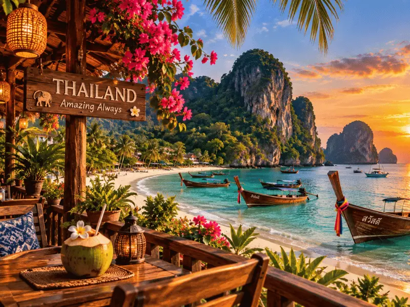 Thailand tropical beach with longtail boats and limestone cliffs at sunset 🇹🇭