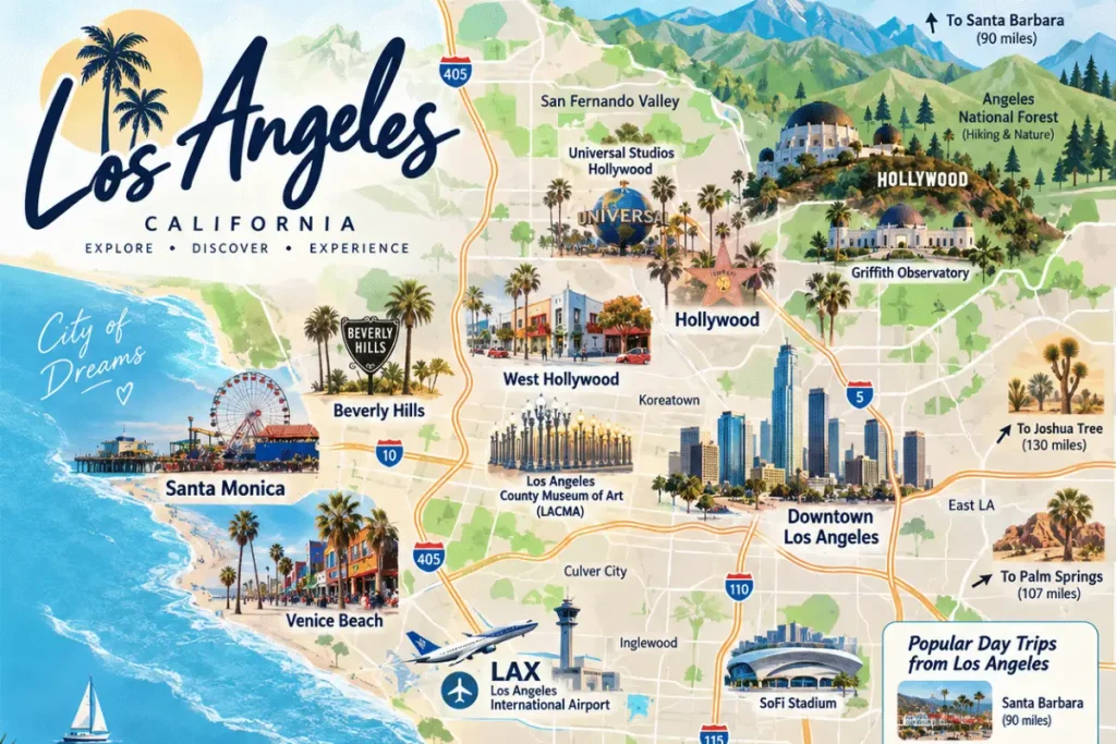 Los Angeles travel map with major attractions and neighborhoods