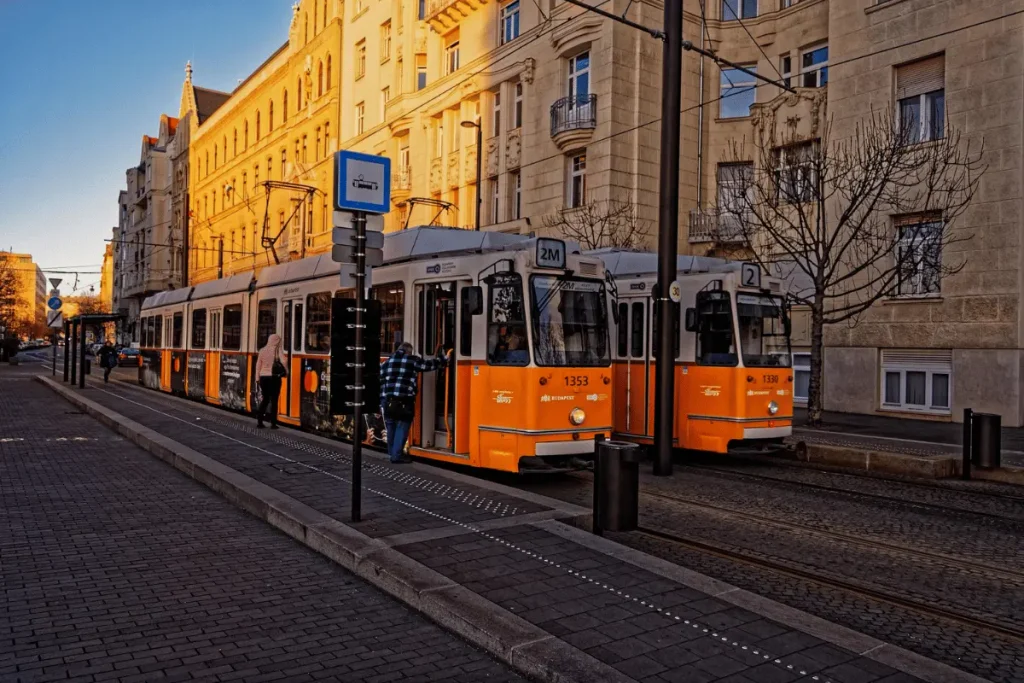 Traveler using public transportation in a European city