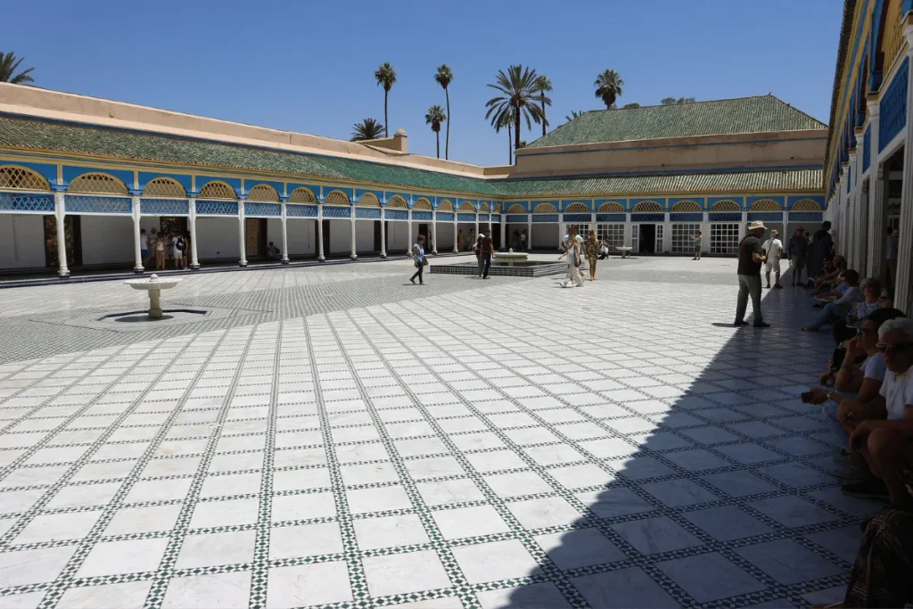Bahia Palace in Marrakech with ornate painted cedar ceilings and zellige courtyard tiles