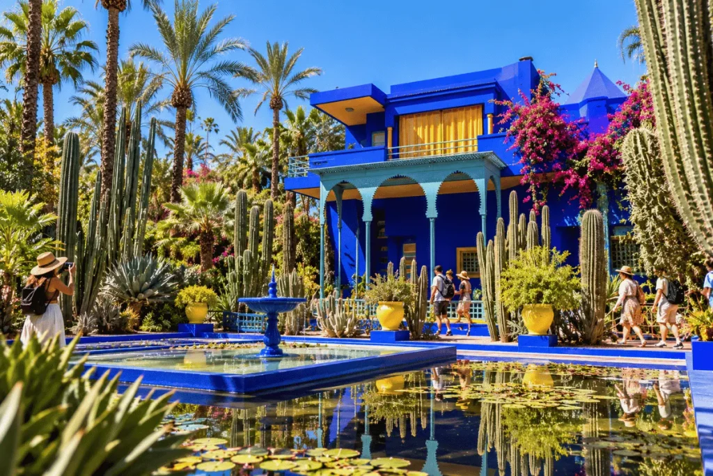 Cobalt-blue villa surrounded by exotic plants and cacti at Jardin Majorelle in Marrakech