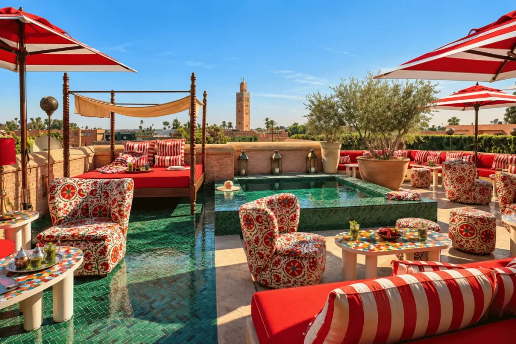 El Fenn riad rooftop terrace with a plunge pool and views over the Marrakech medina rooftops.