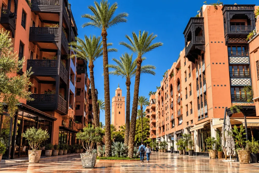 Modern boulevard lined with cafes in Marrakech's Gueliz district.