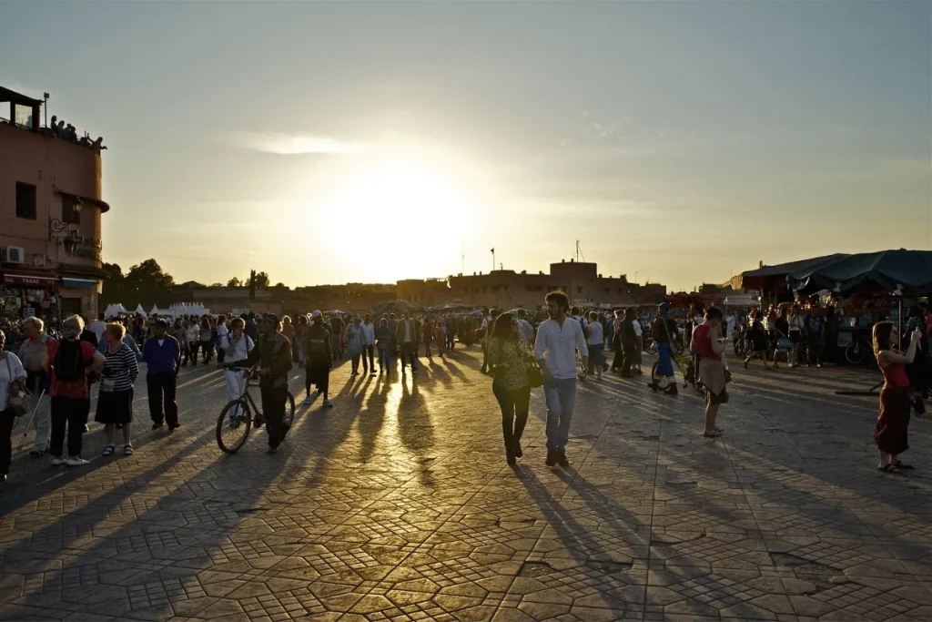 Jemaa el-Fnaa square in Marrakech bustling with people after sunset during Ramadan