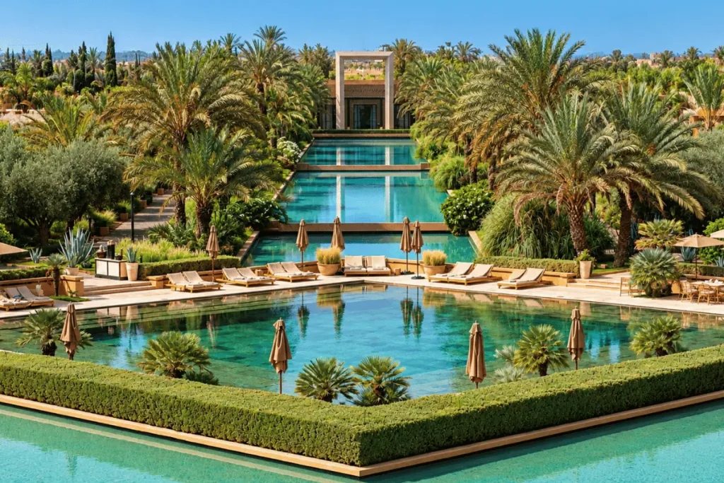 Luxury villa and landscaped olive groves at Mandarin Oriental Marrakech resort.