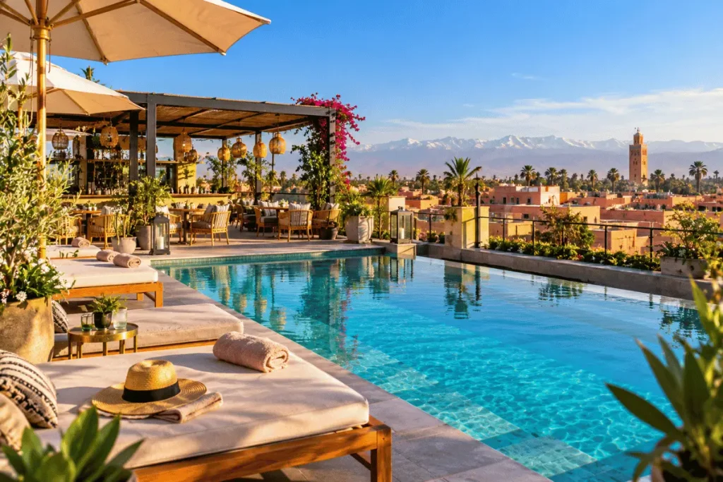 Modern outdoor swimming pool and rooftop terrace at 2Ciels Boutique Hotel in Marrakech.