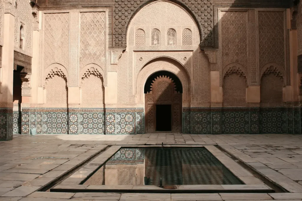 Ornate courtyard at Ben Youssef Madrasa in Marrakech