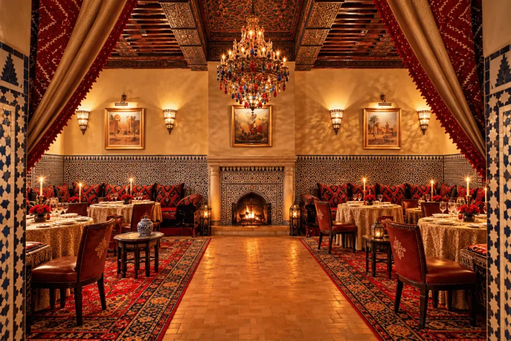 Traditional Moroccan courtyard at Riad Kniza in Marrakech with intricate tilework and carved architectural details.