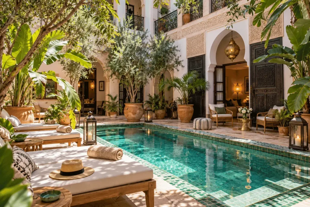 Outdoor courtyard swimming pool at Rodamon Riad in the Marrakech medina.