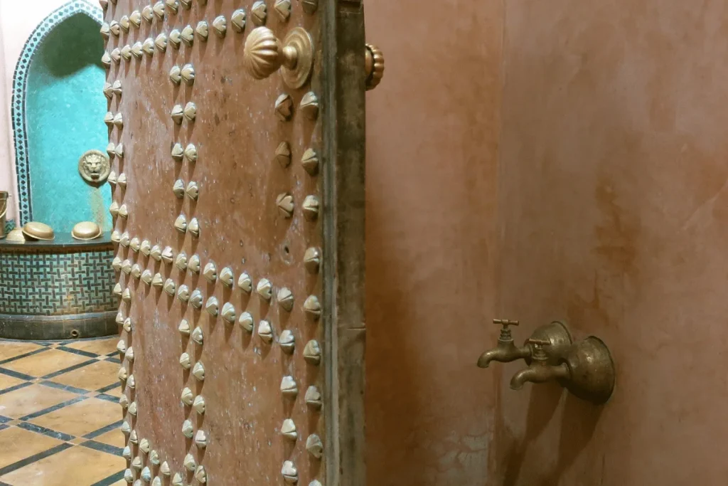 Traditional Moroccan hammam interior prepared for a relaxing steam bath and scrub