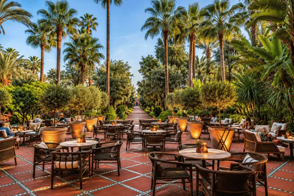 Landscaped gardens and elegant Moroccan architecture at La Mamounia luxury hotel in Marrakech.