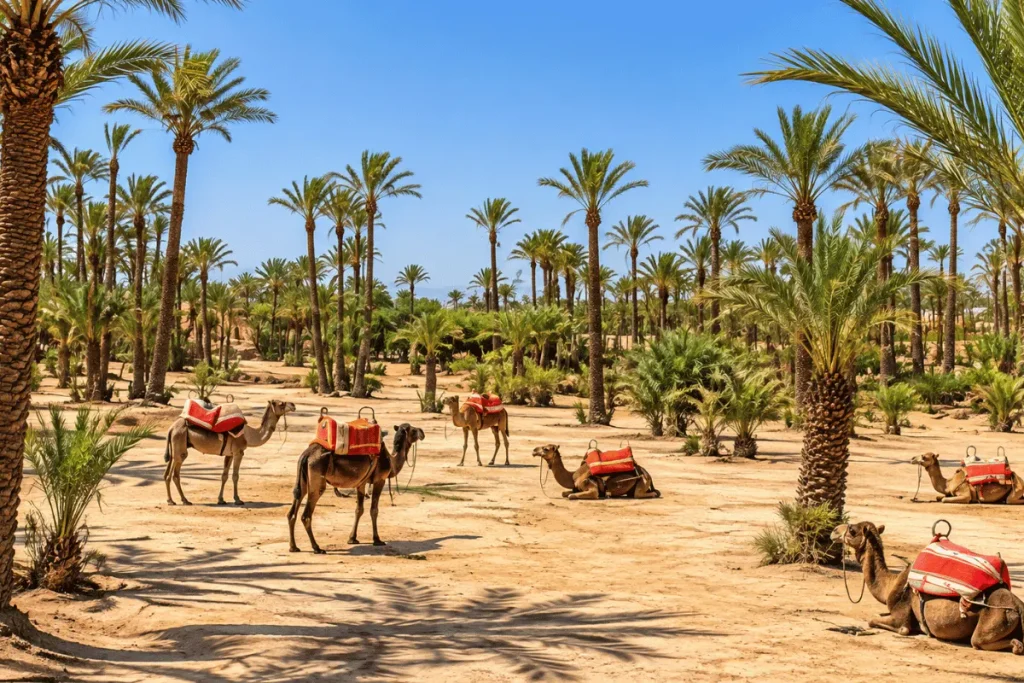 Resort swimming pool surrounded by palm trees in Marrakech's Palmeraie district.